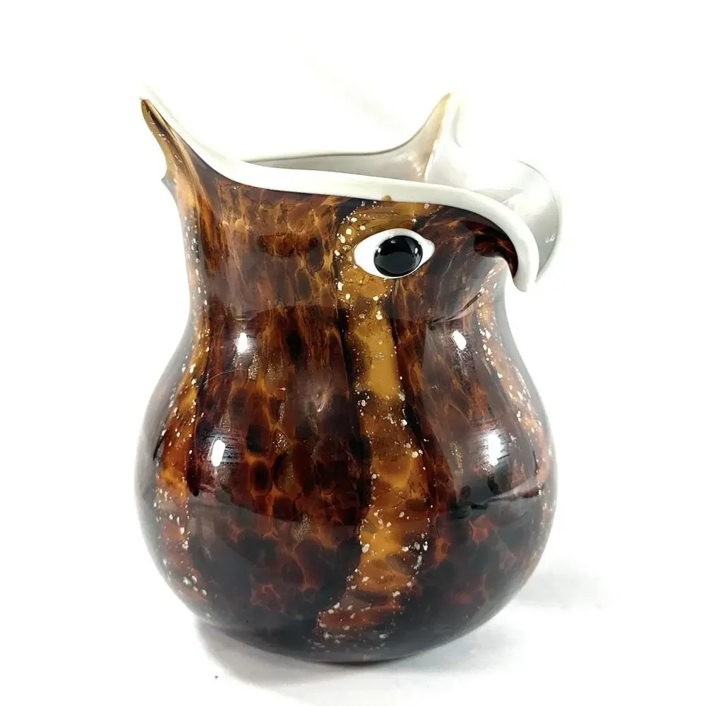 Vintage Art Glass Owl Vase / Planter Brown Tortoise Shell Look 5” Hand Blown